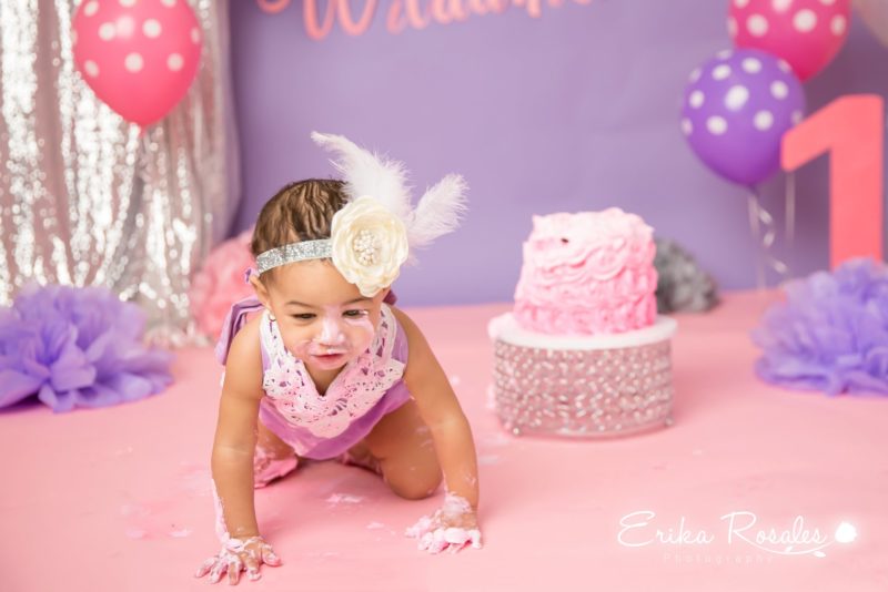 Pink and Purple Smash cake Birthday Baby Girl Studio Photo Session